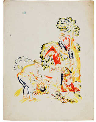 Куликов Афанасий Ефремович. Лот из четырех иллюстраций и книга Я.П. Мексина «Петухи пропели. Народные песенки»: